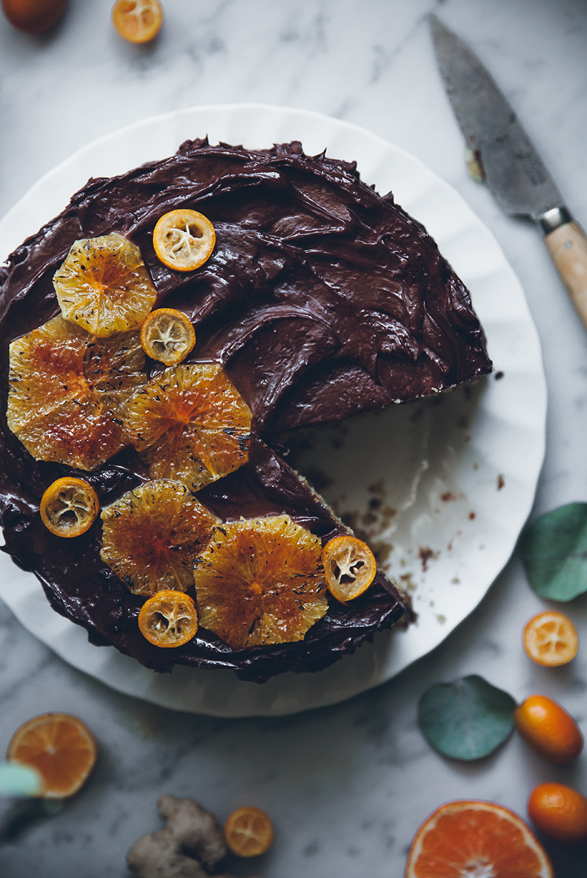 Citrus ginger cake with honey chocolate frosting 