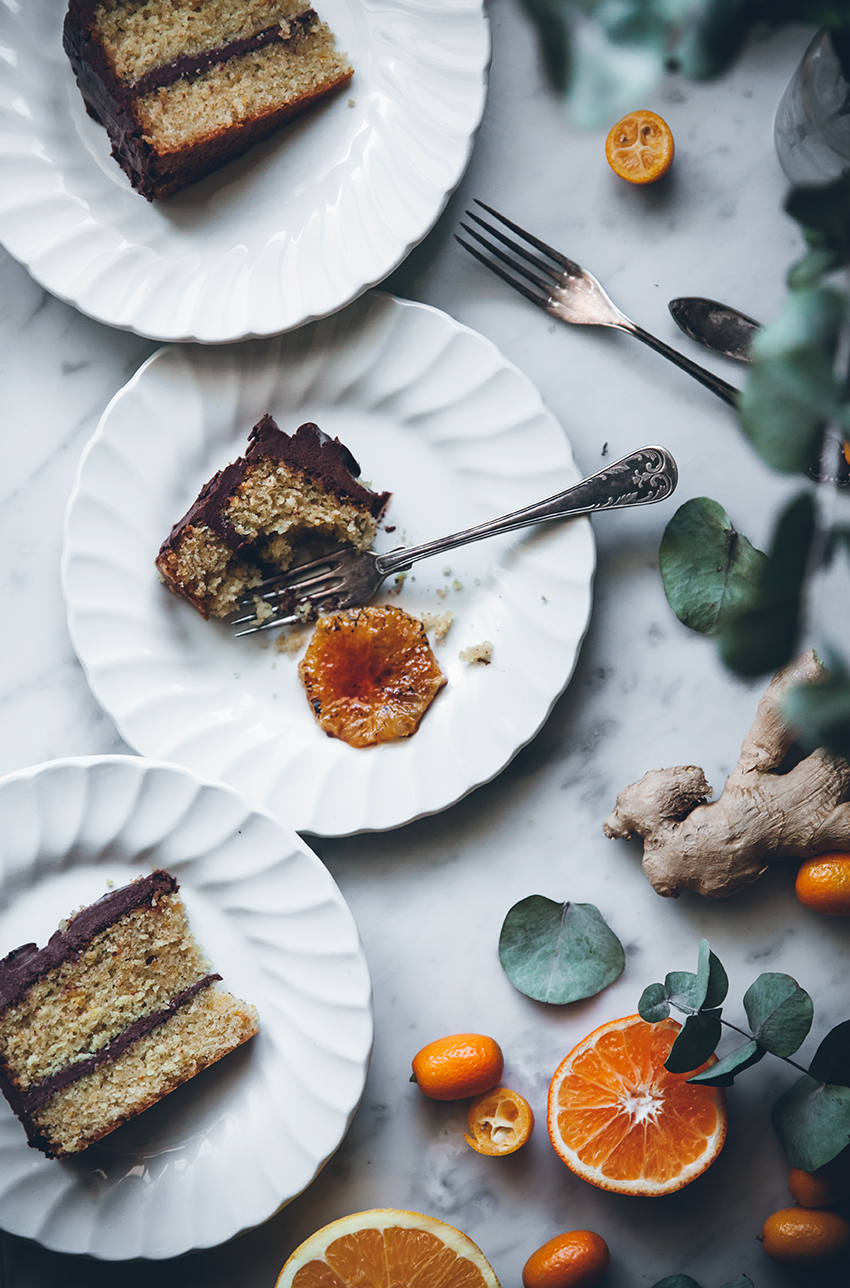 Citrus ginger cake with honey chocolate frosting 